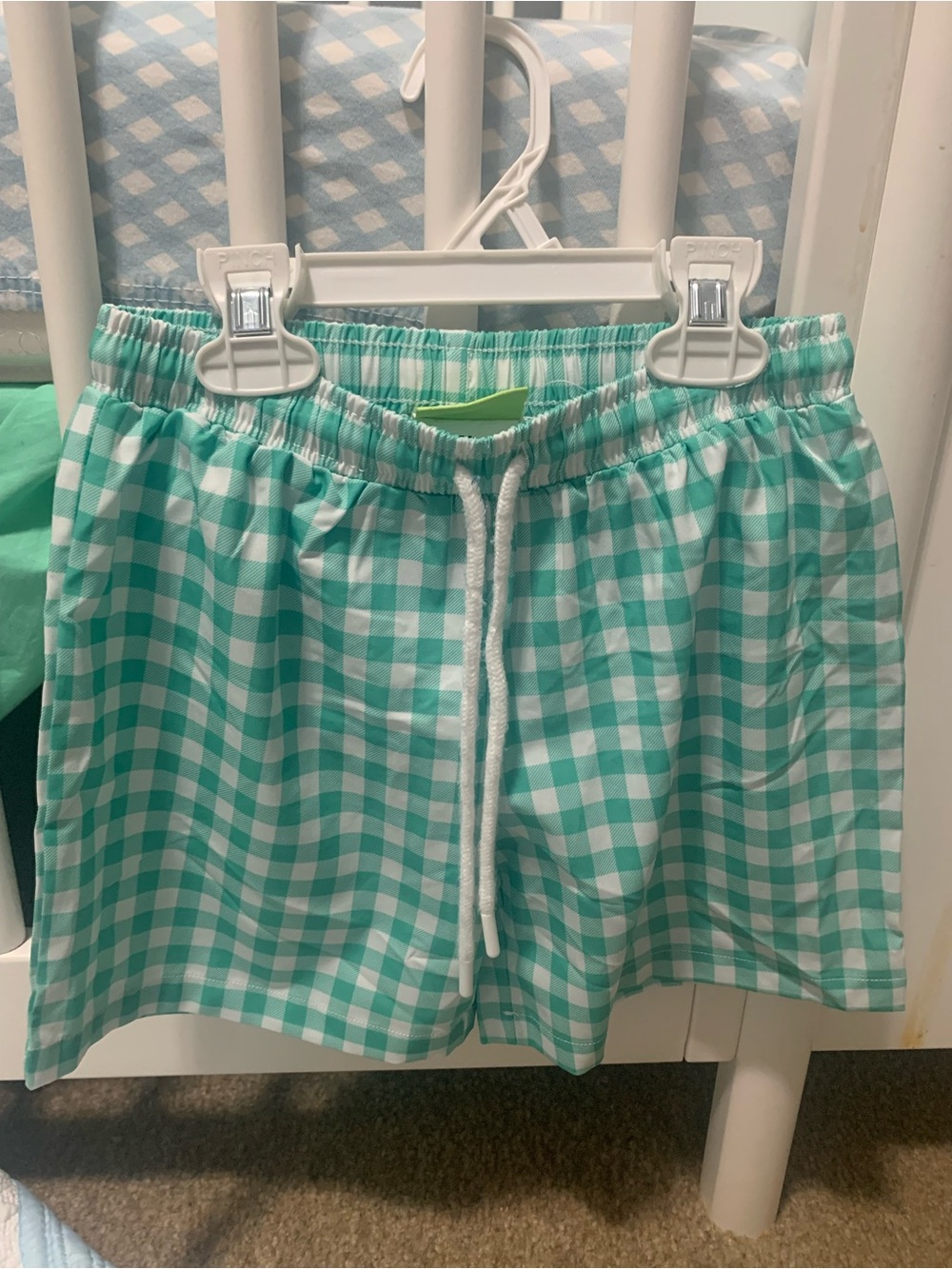 Kids Swim Trunks - Mint Gingham